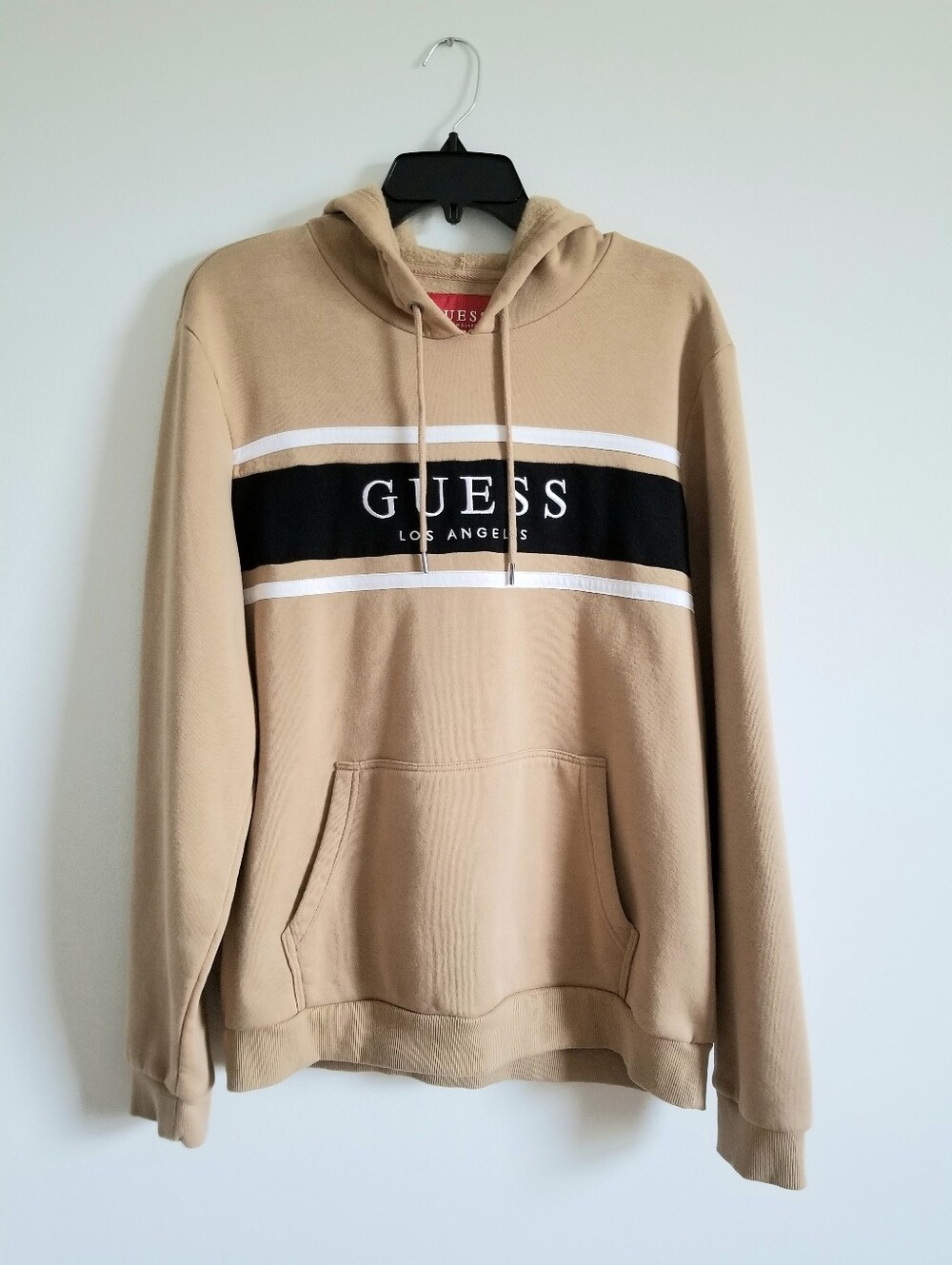 GUESS Los Angeles Beige Hoodie with Black and White Logo Band Men